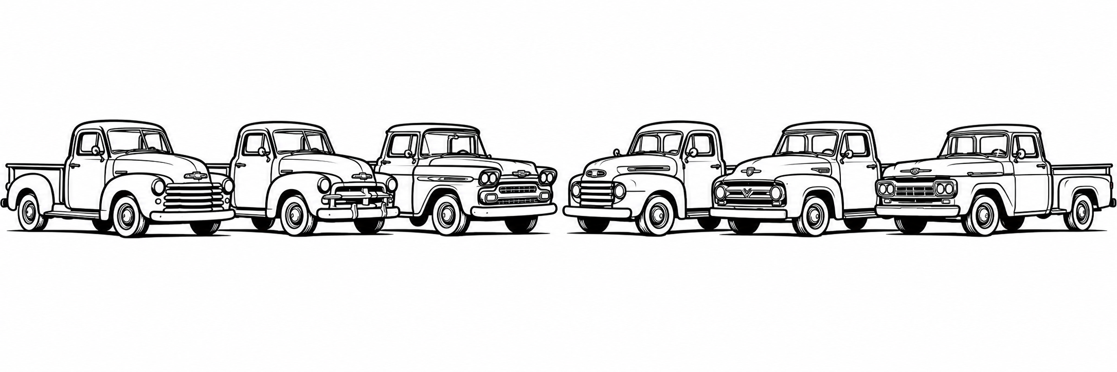 Ilustração de seis caminhonetes clássicas Chevrolet e Ford